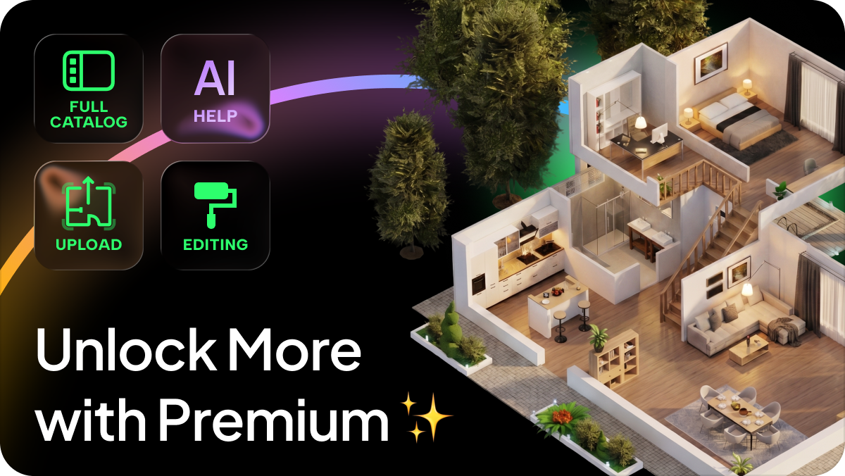 3D house interior render with Premium plan perks and text reading “Unlock More with Premium ✨”.